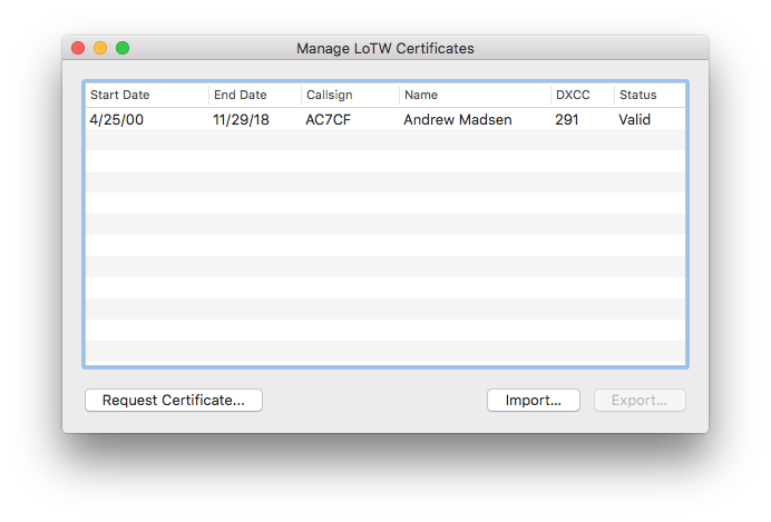 Manage Certificates Window