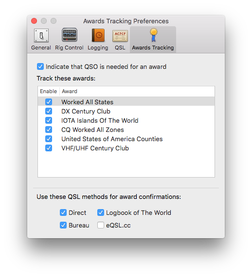 Awards Tracking Tab of Preferences